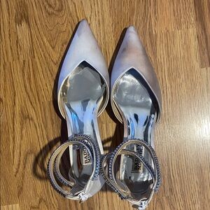 Badgley Mischka White Satin Pointed Toe Crystal Ankle-Strap Kitten Heels